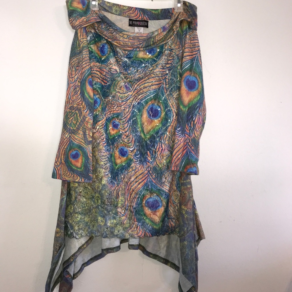The Pyramid Collection Peacock Feather Print Tunic in Blue Green Gold